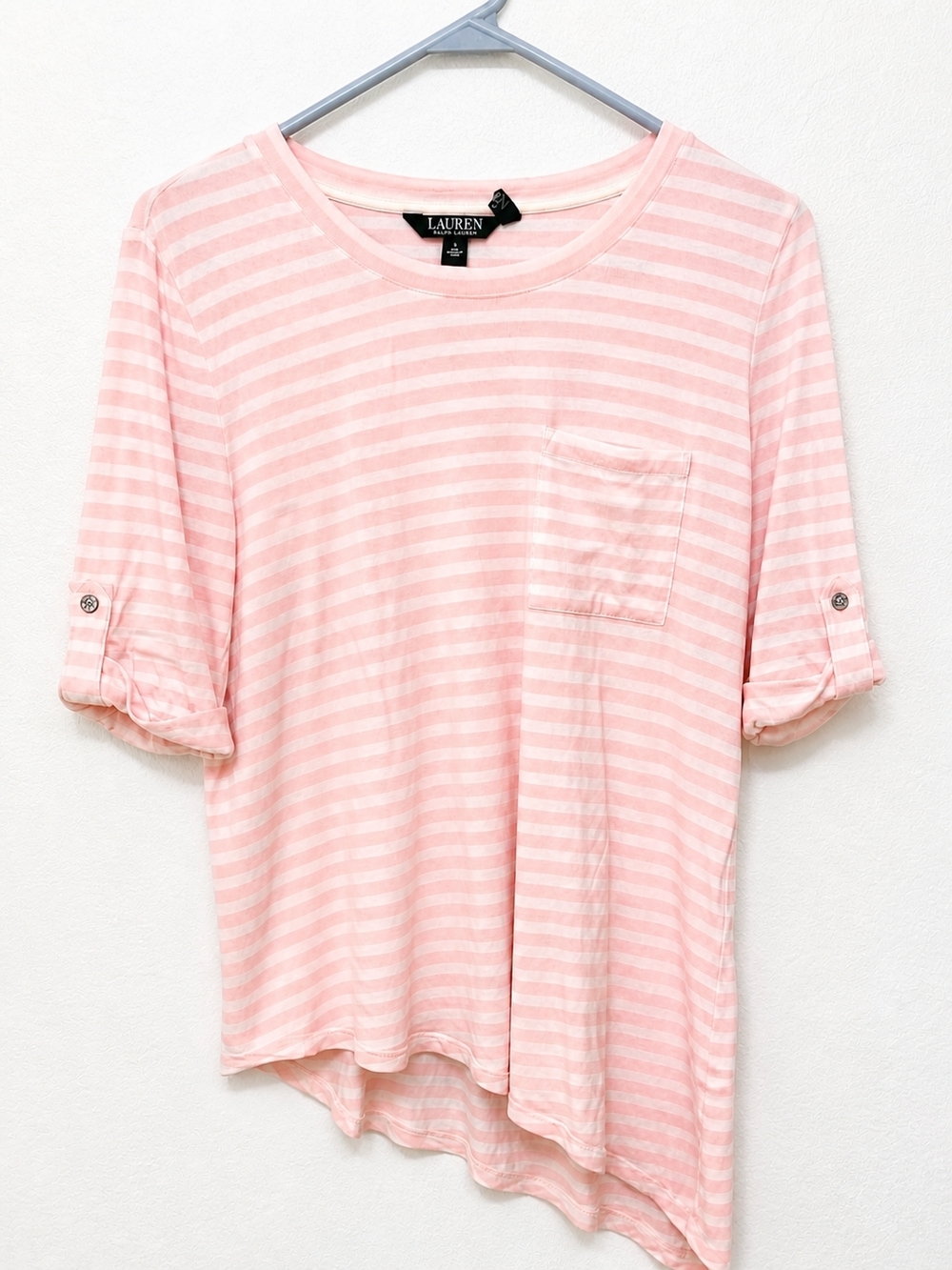SAMPLE!! Lauren by Ralph Lauren Pink Striped Pocket Tee  Sz S NWOT